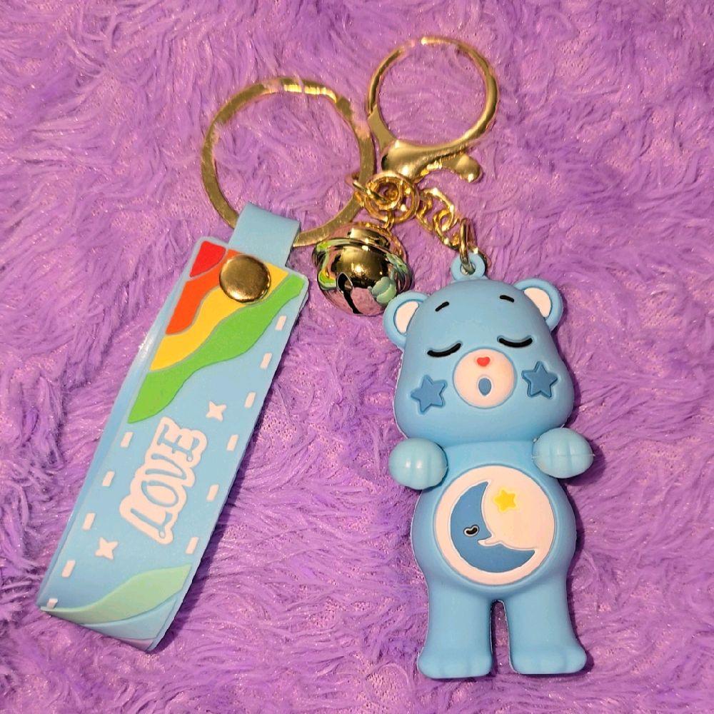 The Caring Bears Blue Bear Keychain with Rainbow Tag and Moon Design for Kids