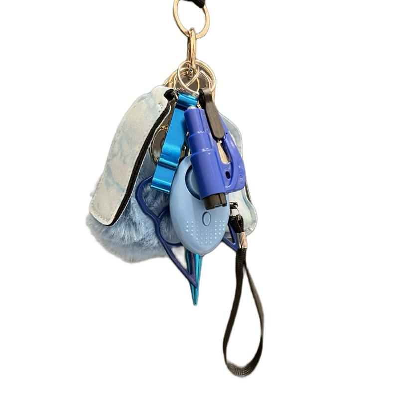 Keychain Set w/ Alarm, Pompom, Chapstick Holder, Sanitizer or Lotion Bottle and Holder, Bottle Opener, Window Breaker, Escape Stick, Wristlet, and a Cat!