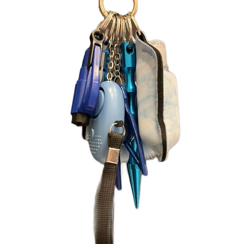 Keychain Set w/ Alarm, Pompom, Chapstick Holder, Sanitizer or Lotion Bottle and Holder, Bottle Opener, Window Breaker, Escape Stick, Wristlet, and a Cat!