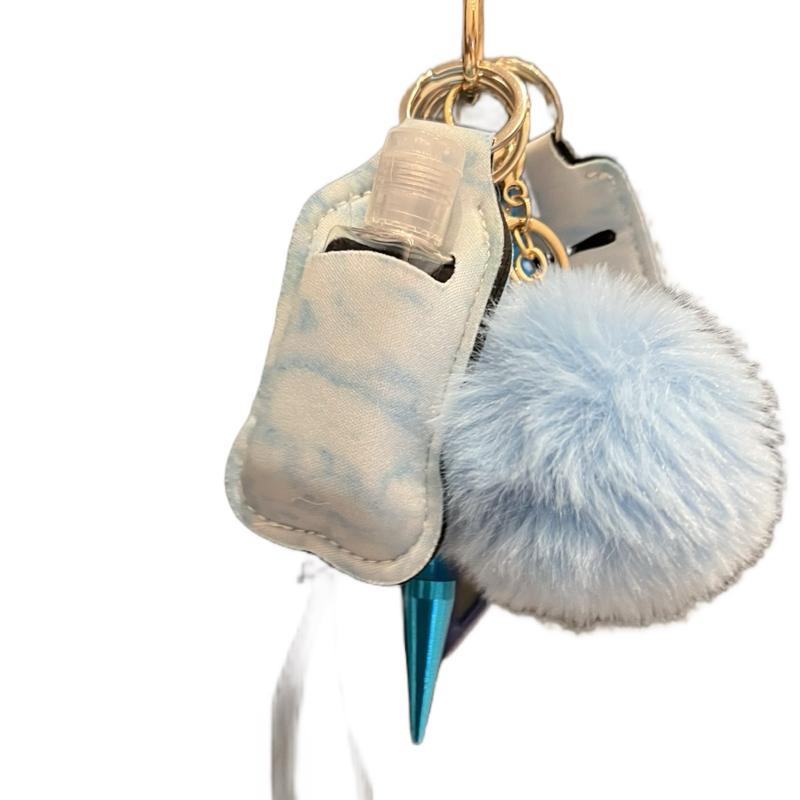 Keychain Set w/ Alarm, Pompom, Chapstick Holder, Sanitizer or Lotion Bottle and Holder, Bottle Opener, Window Breaker, Escape Stick, Wristlet, and a Cat!