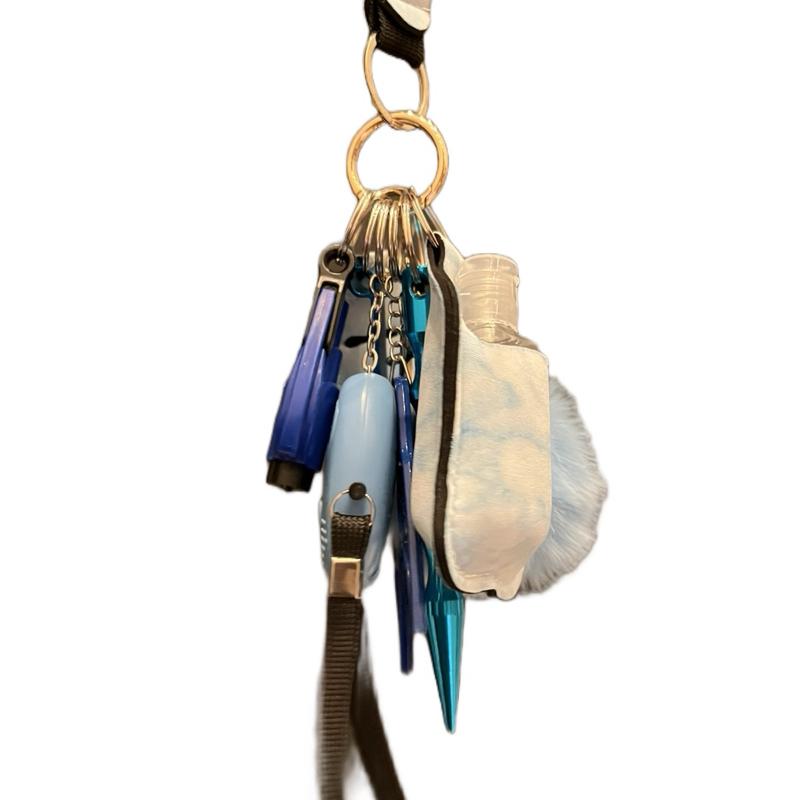 Keychain Set w/ Alarm, Pompom, Chapstick Holder, Sanitizer or Lotion Bottle and Holder, Bottle Opener, Window Breaker, Escape Stick, Wristlet, and a Cat!