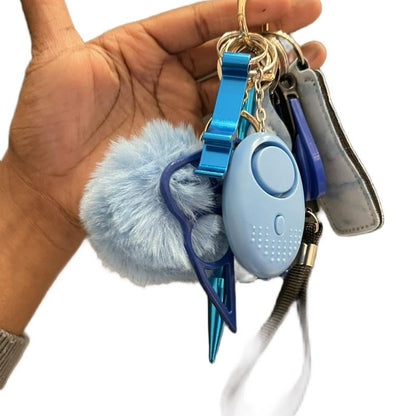 Keychain Set w/ Alarm, Pompom, Chapstick Holder, Sanitizer or Lotion Bottle and Holder, Bottle Opener, Window Breaker, Escape Stick, Wristlet, and a Cat!