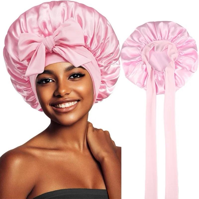 Double Lined Satin Bonnets For Hair Protection Gift Shower Reversible Pink & White Satin Bonnet for All Hair Types Natural Relaxed Curly Straight Haircare Heatless White/Black