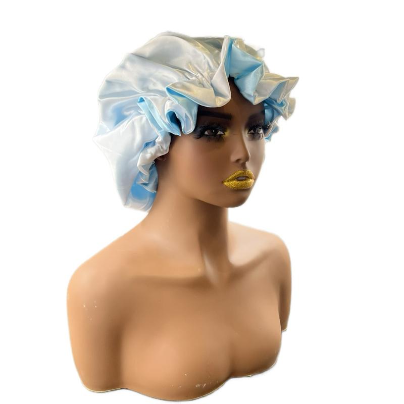 Double Lined Satin Bonnets For Hair Protection Blue Haircare Reversible Silky Soft Double Layer Satin Band Stretch Fit Comfortable Fit Daily Wear Heatless